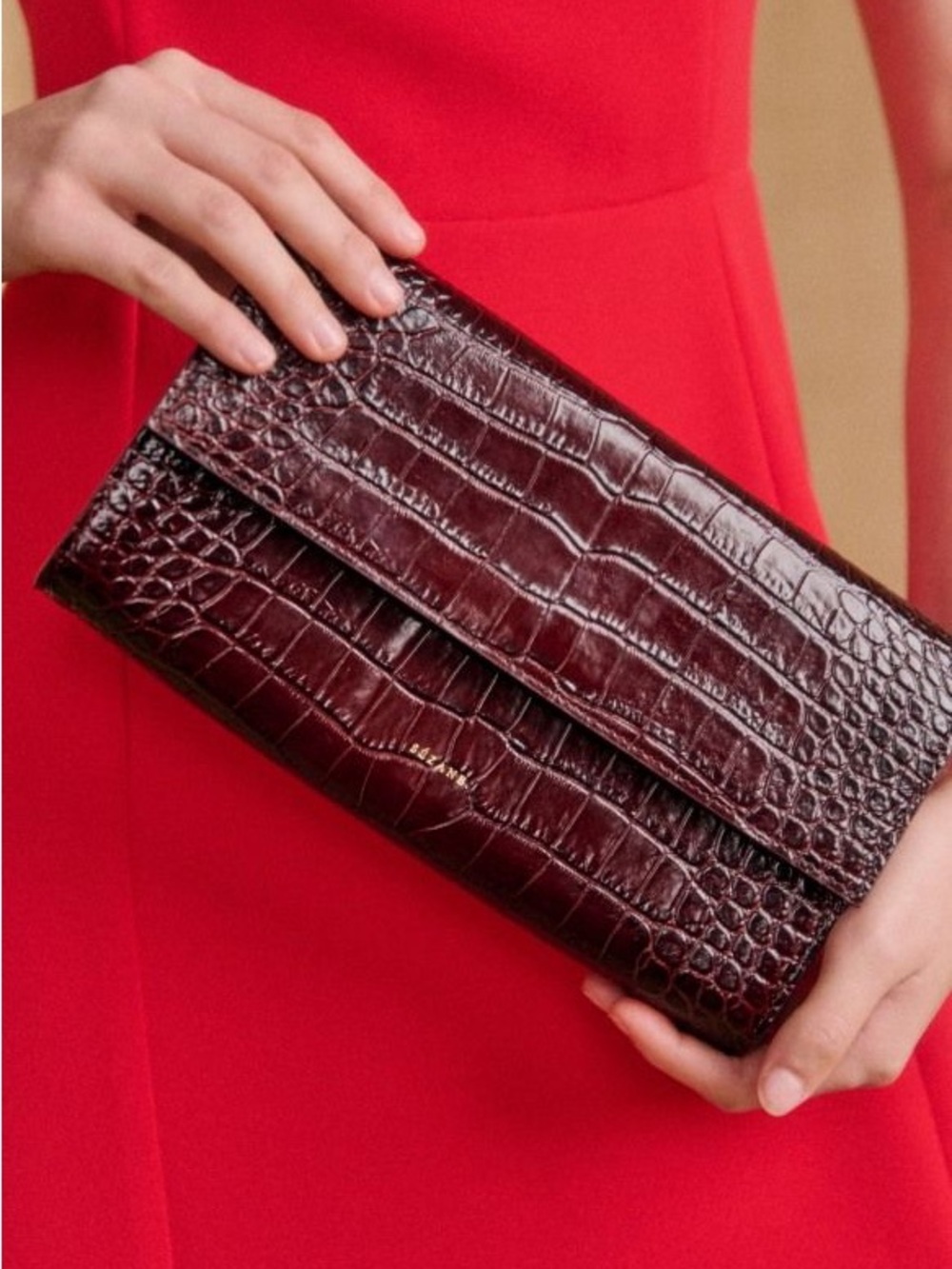 Sezane Leonie Pouch - Chocolate Croco Print - Croc-embossed cowhide leather NWT